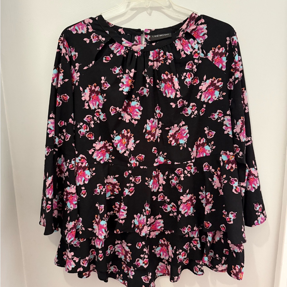 Lane Bryant Black and Pink Floral Blouse